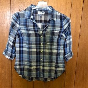 Old Navy blue plaid button down top M Petite